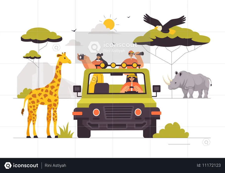 Des gens prennent des photos lors d'un safari  Illustration