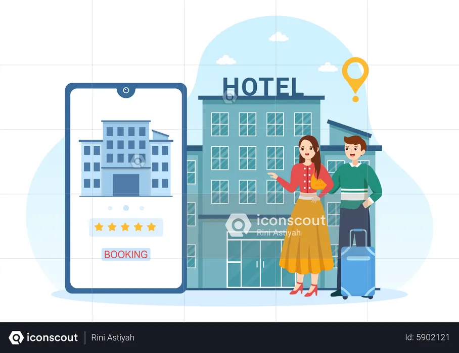 Personnes qui consultent un avis sur un hôtel  Illustration