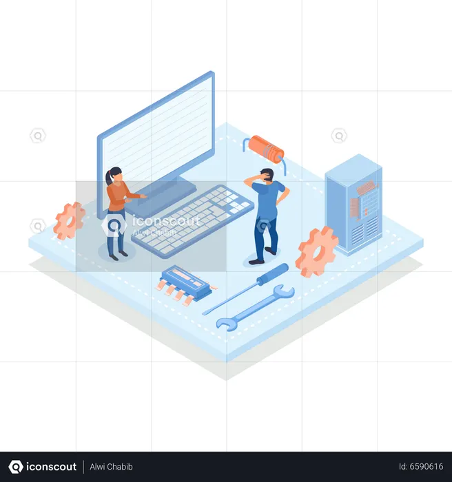 Personnes réparant un circuit intégré  Illustration