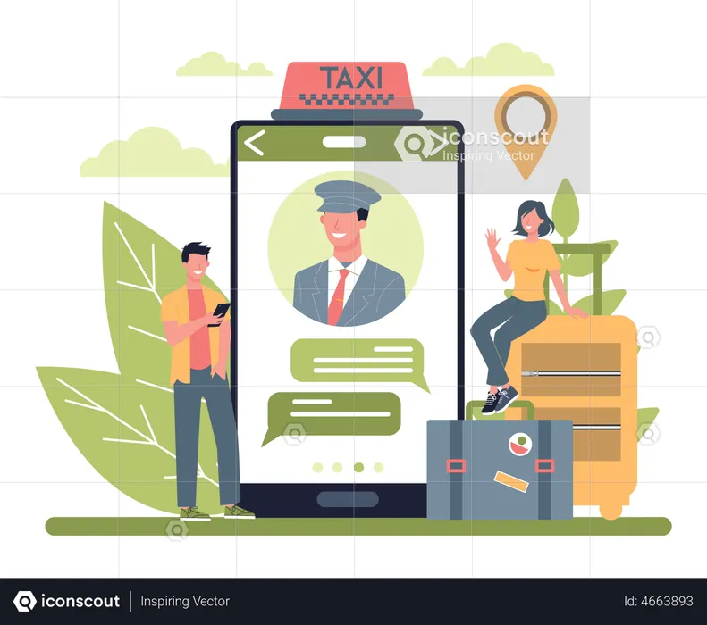 Personnes réservant un taxi via une application mobile  Illustration