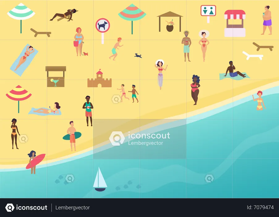 Gens sur la plage d’été  Illustration