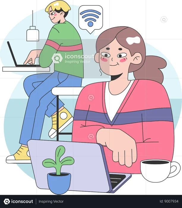 Personnes travaillant au café tout en utilisant le wifi du café  Illustration