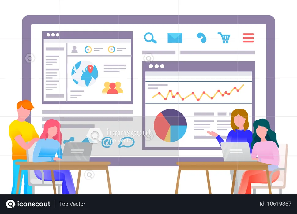 Personnes travaillant avec un PC et un rapport de diagramme  Illustration