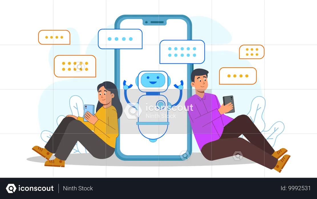 Personnes utilisant un chatbot en ligne pour résoudre leurs problèmes  Illustration