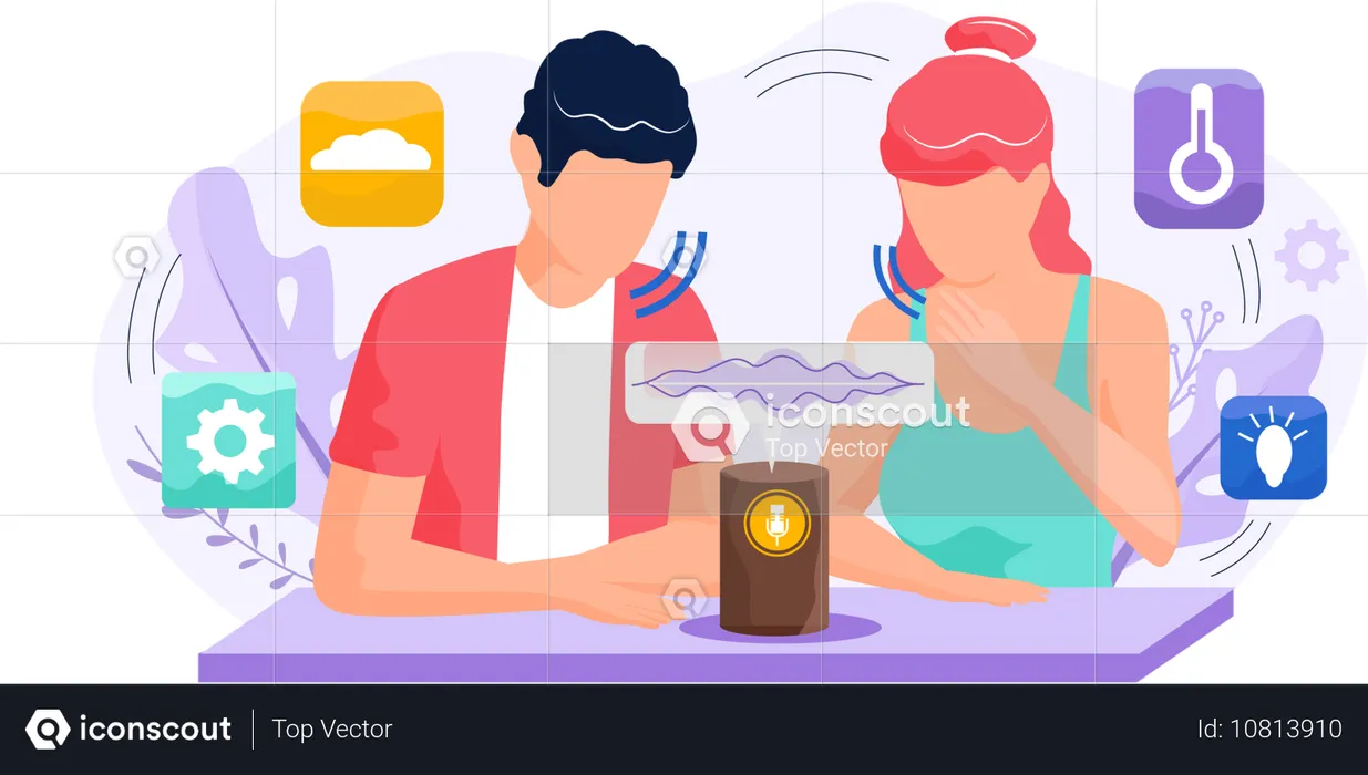 Personnes utilisant un haut-parleur intelligent avec assistant virtuel  Illustration