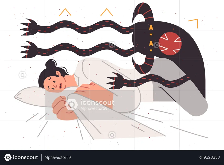 Pesadelo de mulher assustada deitada na cama e sentindo ataque de monstro multi-armado  Ilustração