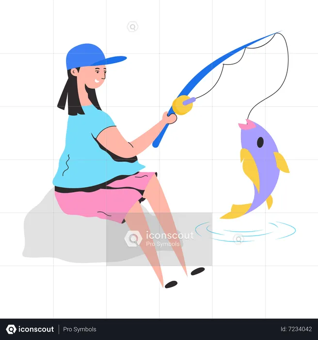 Pescadora pescando con robo de pescado  Ilustración