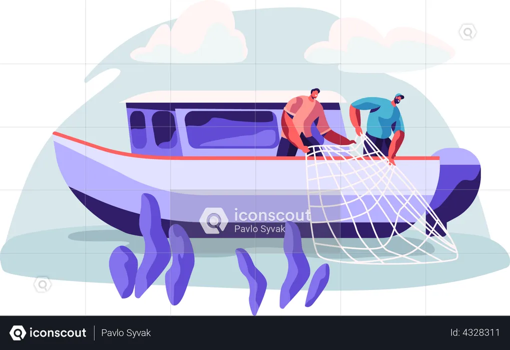 Pescadores pegando peixe usando rede de pesca  Ilustração