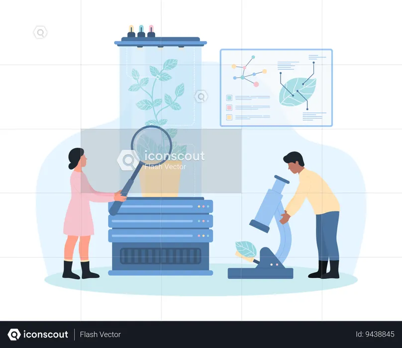 Pesquisa de laboratório de biotecnologia por cientista com lupa  Ilustração