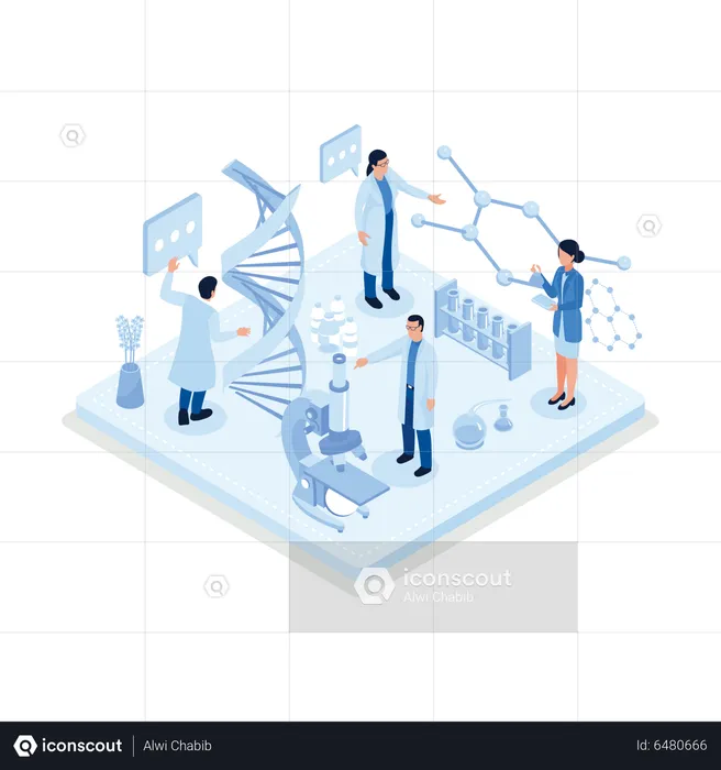 Pesquisa de médicos genéticos sobre DNA em laboratório  Ilustração