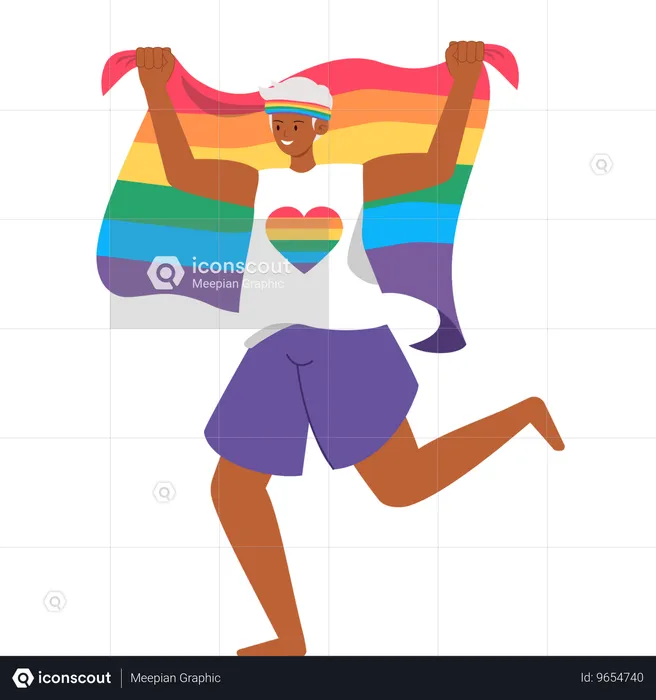 Pessoa alegre comemora orgulho LGBTQ com bandeira arco-íris e camisa de coração  Ilustração