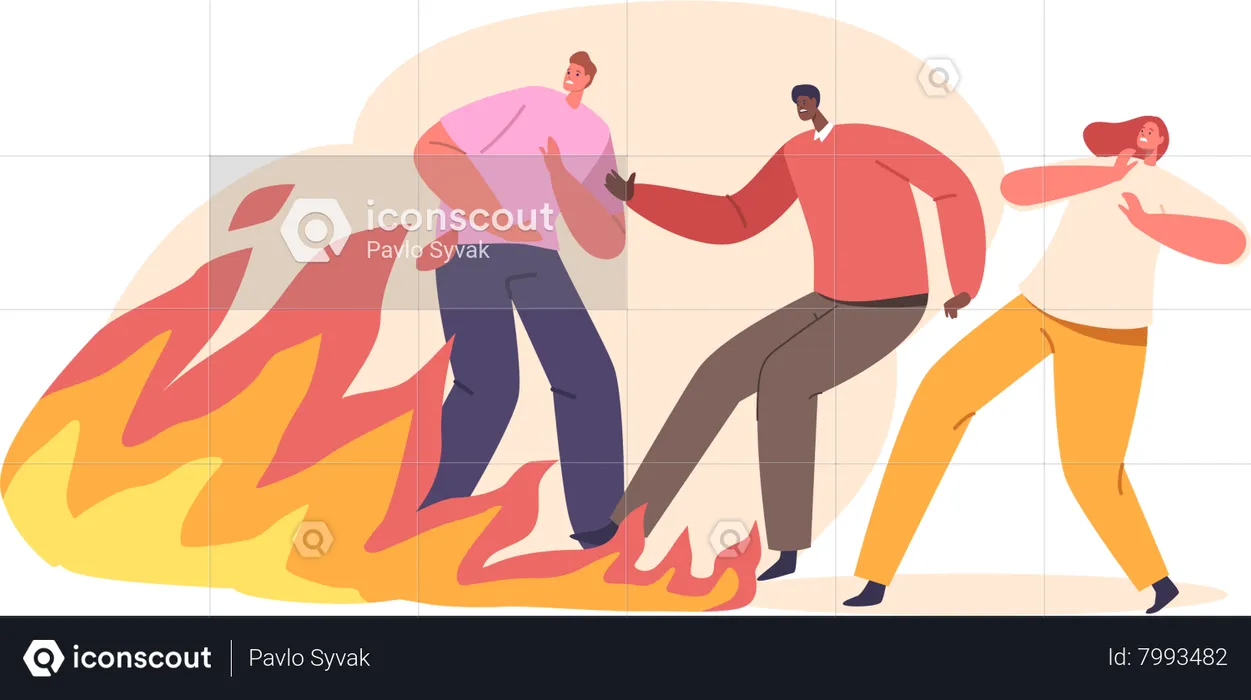 Pessoas aterrorizadas fogem enquanto as chamas se intensificam  Ilustração