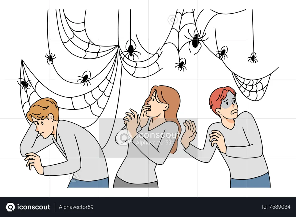 Pessoas se sentindo assustadas devido à rede de aranha  Ilustração