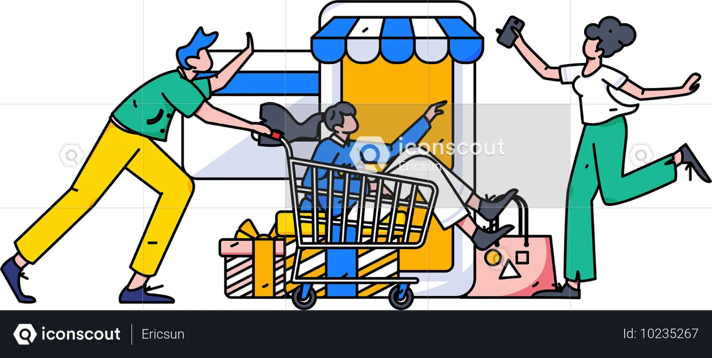 Pessoas comprando roupas em sites online  Ilustração