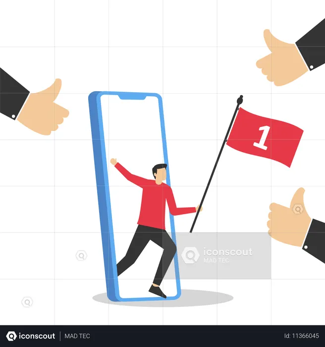 As pessoas gostam e dão um polegar para quem segura a bandeira número um da vitória  Ilustração