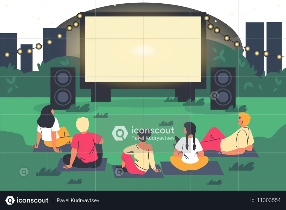 Pessoas descansando no gramado sobre os xadrezes e assistindo a um filme na tela grande  Ilustração