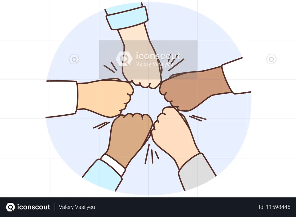 Pessoas diversas dão socos em equipe  Ilustração