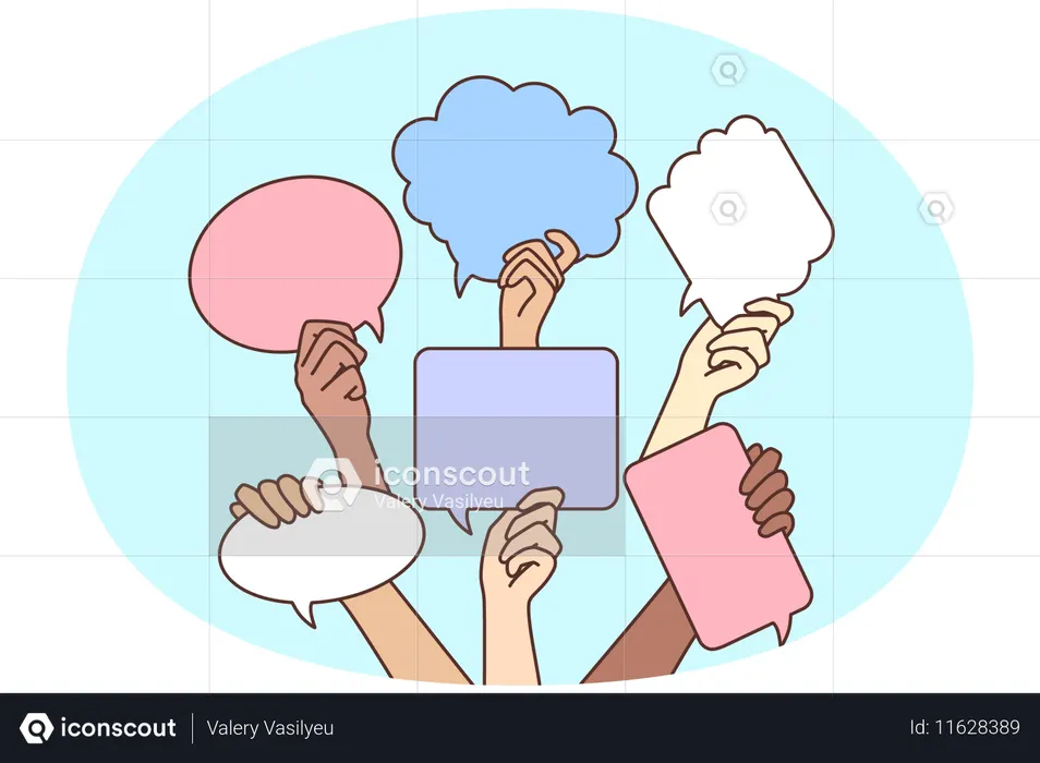 Pessoas diversas mãos segurando balões de fala expressando feedback  Ilustração