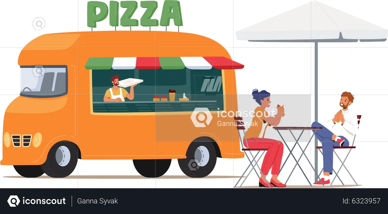 Pessoas esperando por pizza fora do caminhão de pizza  Ilustração