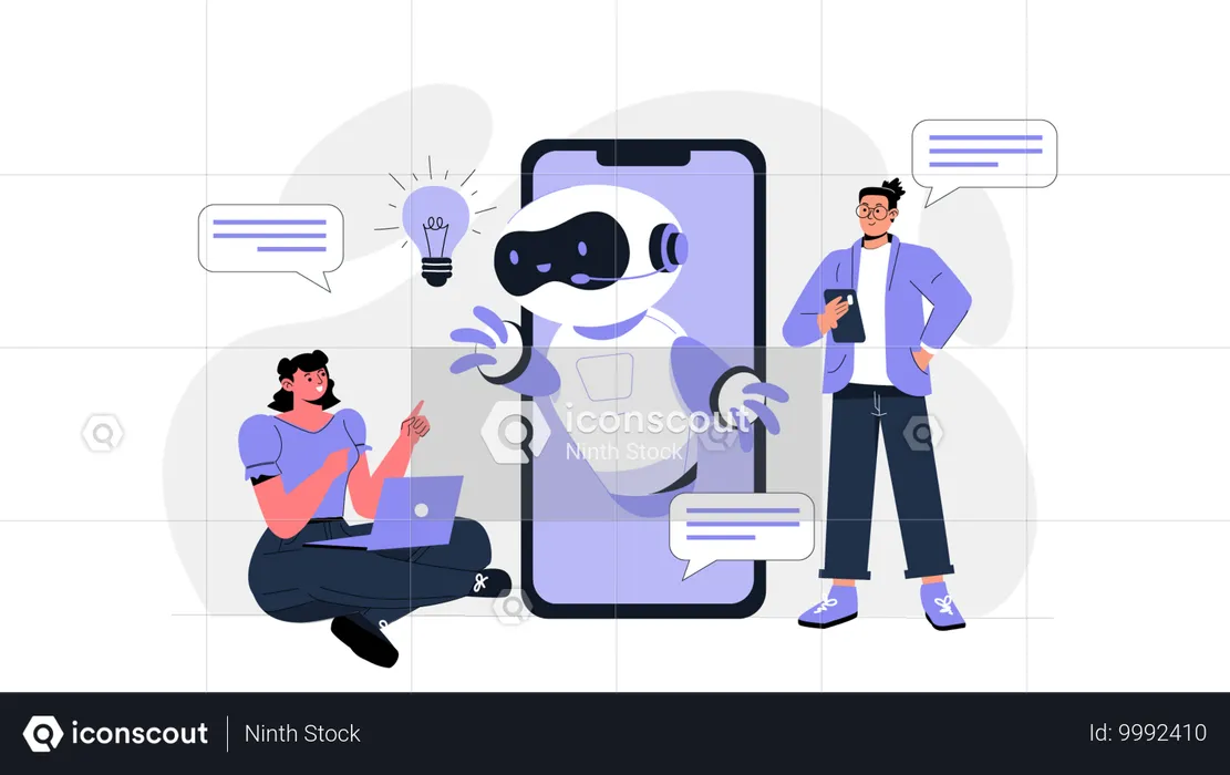 Pessoas conversando com AI Chatbot  Ilustração