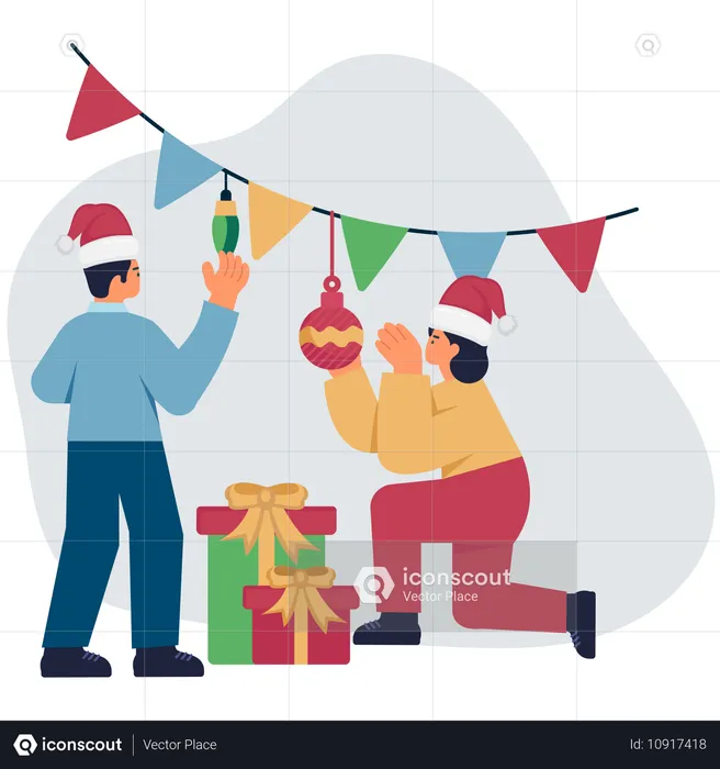 Pessoas fazendo decoração de Natal  Ilustração