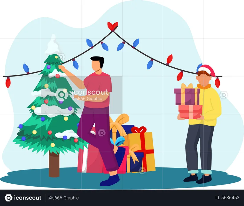 Pessoas fazendo decoração de Natal  Ilustração