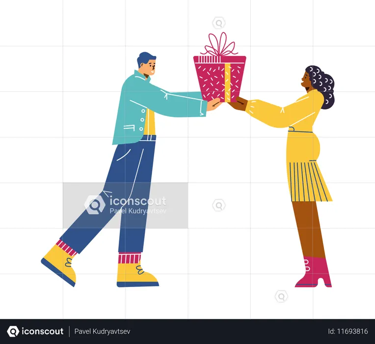 Pessoas felizes com uma grande caixa de presente  Ilustração