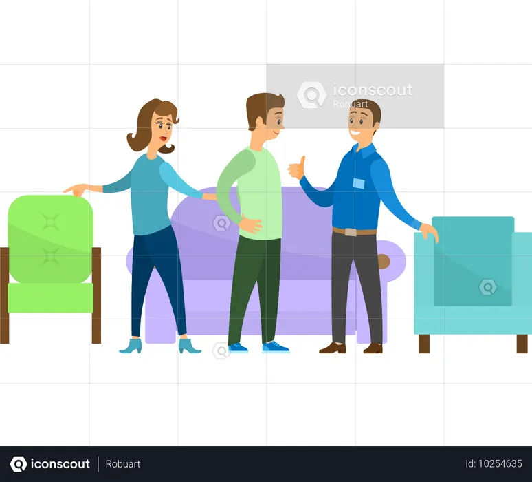 Pessoas em pé perto de móveis no showroom de móveis  Ilustração