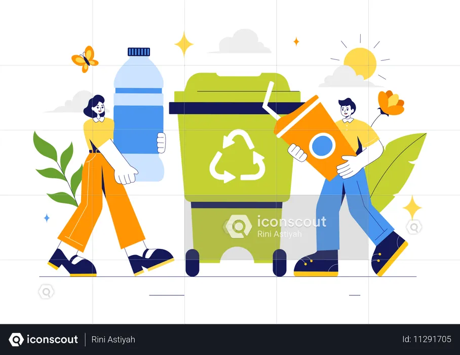 Pessoas jogando lixo na lixeira de reciclagem  Ilustração