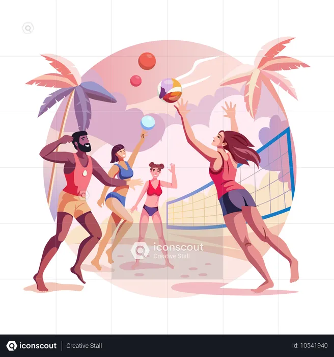 Pessoas jogando vôlei na praia  Ilustração