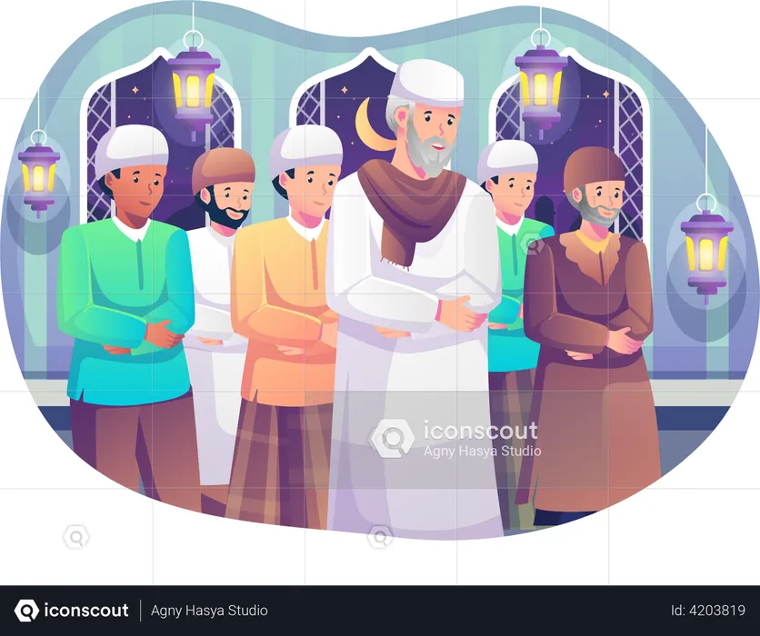 Povo muçulmano realiza orações tarawih  Ilustração