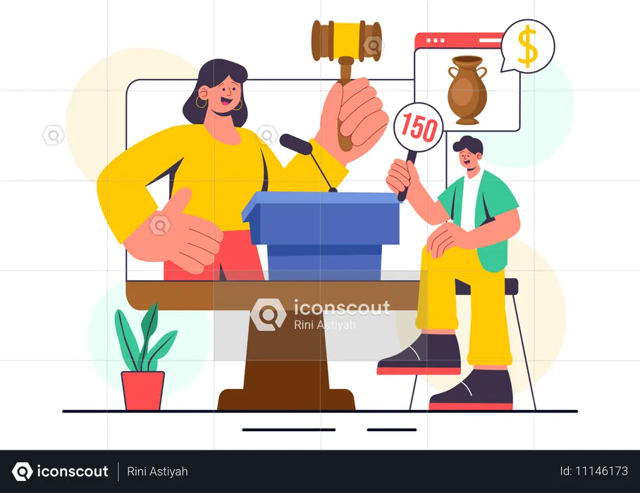 Pessoas participando de leilão beneficente de arrecadação de fundos  Ilustração