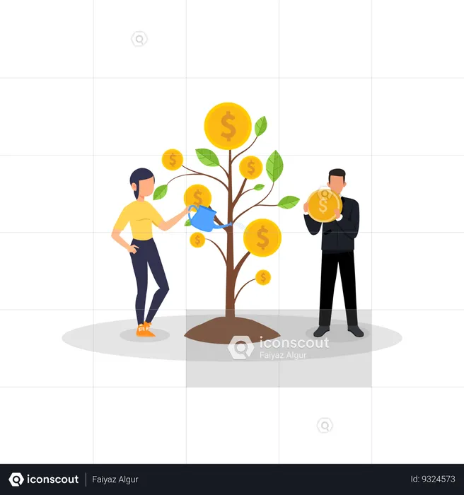 Pessoas regando planta de dinheiro  Ilustração