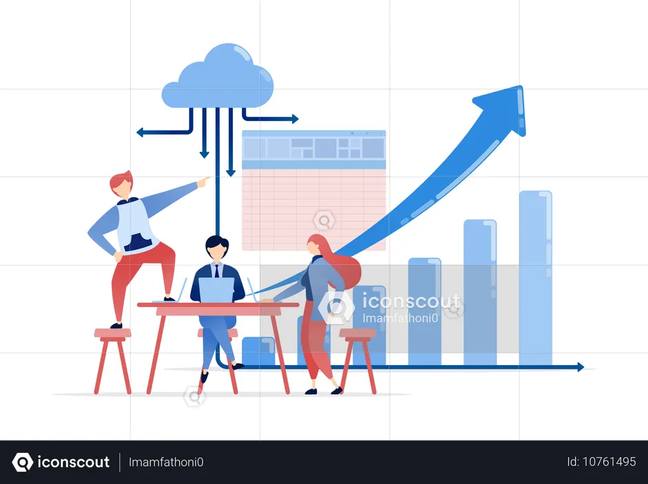 Pessoas se reúnem para revisar o plano e elaborar estratégias à mesa  Ilustração