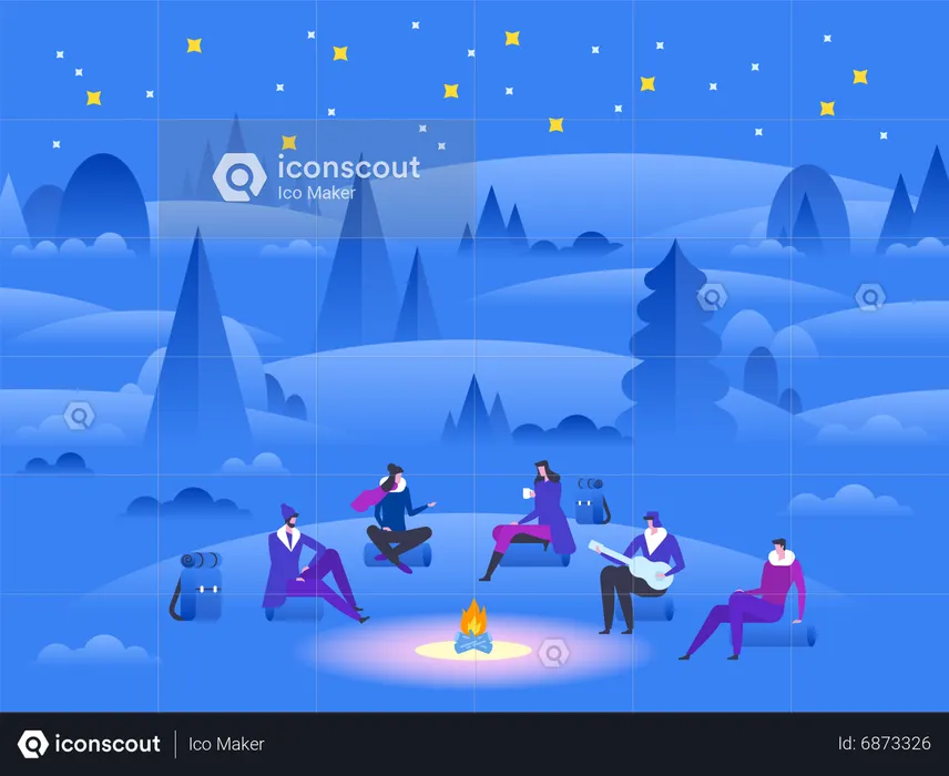 Pessoas sentadas no acampamento na floresta de inverno  Ilustração