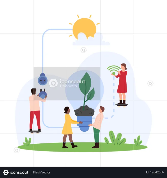 Pessoas trabalhando em uma ideia sustentável  Ilustração