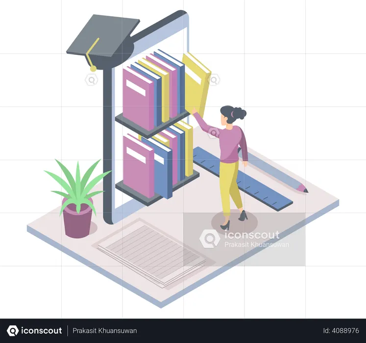 Pessoas que usam biblioteca virtual para estudos de graduação  Ilustração