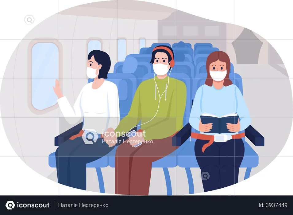 Pessoas usando máscara dentro de avião  Ilustração