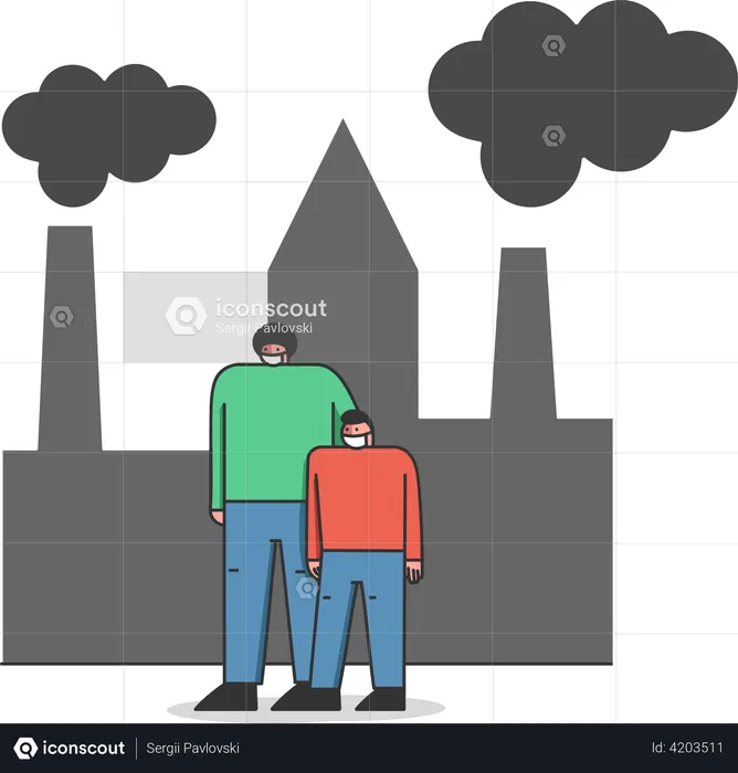 Pessoas usando máscara facial devido à poluição industrial  Ilustração