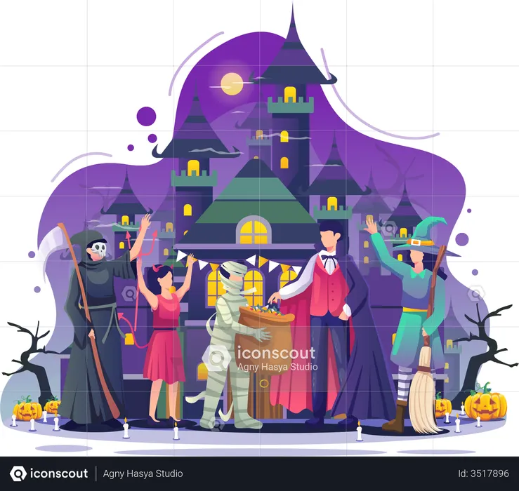 Pessoas fantasiadas celebrando a noite de Halloween  Ilustração