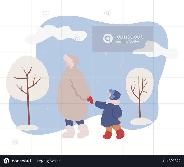 Pessoas vestindo roupas de inverno andando na neve  Ilustração