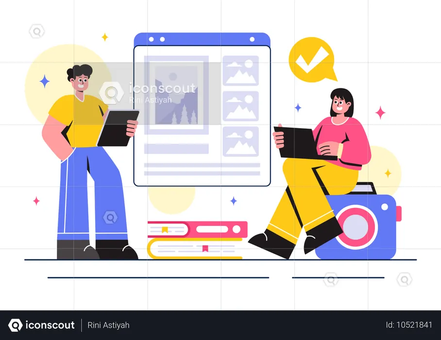Pessoas visualizando a galeria de arte online  Ilustração