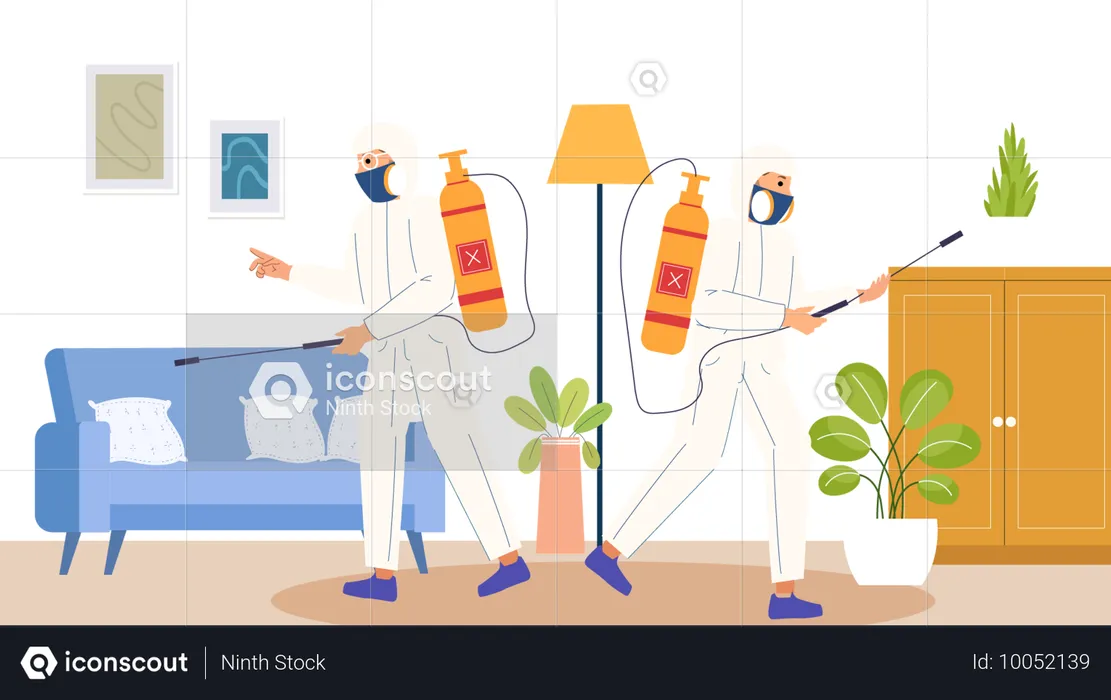 Pest Control Workers Spraying Pest Medicine in house  Illustration