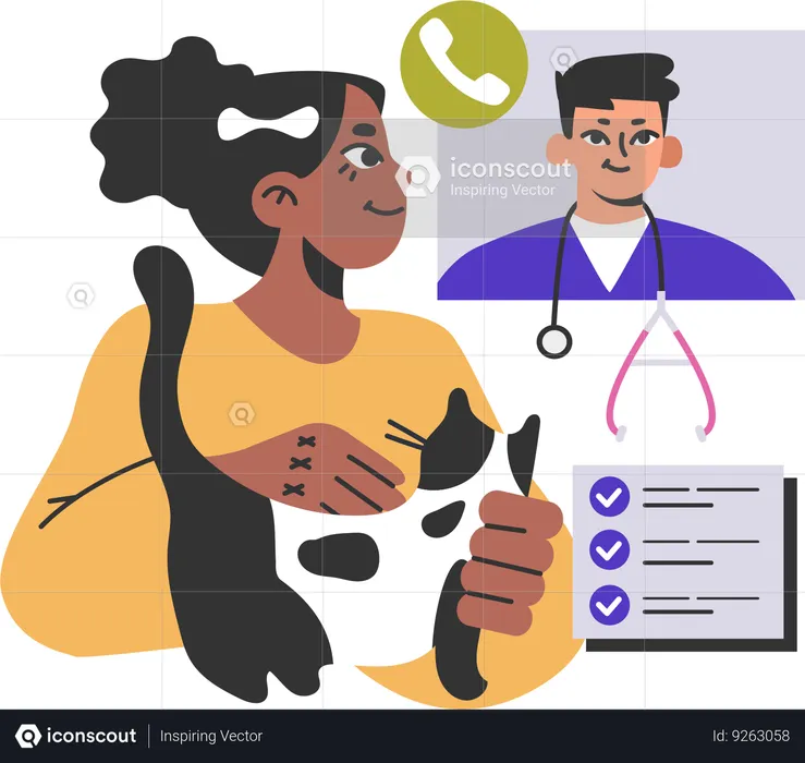 Pet owner having  video call medical clinic specialist for cat health checkup  Illustration