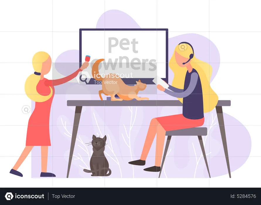 Pet owners watch tutorial about keeping animals at home  Illustration
