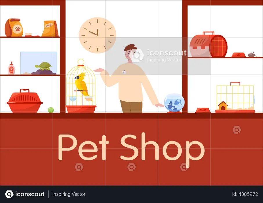 Pet shop counter with male worker seller  Illustration