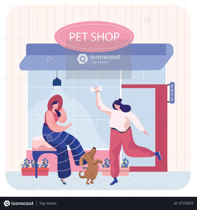 Girl playing with dog at pet shop  Illustration