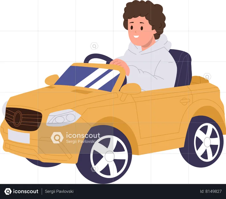 Petit garçon conduisant une voiture jouet  Illustration