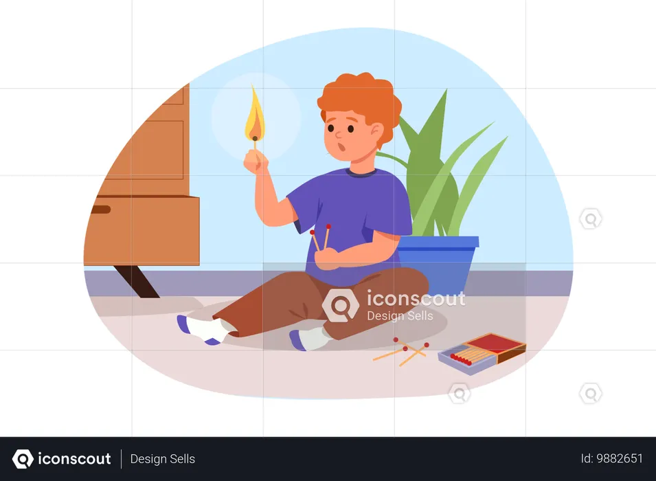 Le petit garçon joue avec des allumettes et du feu  Illustration