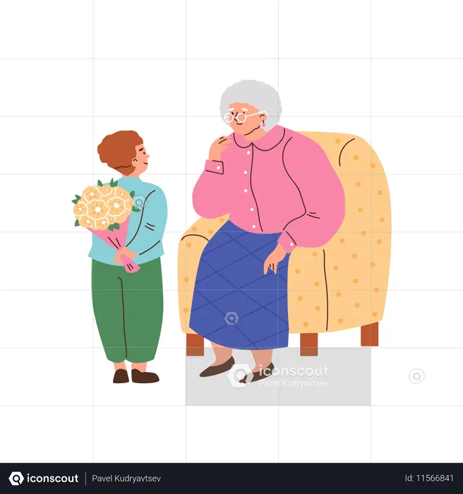 Petit garçon offrant un bouquet de fleurs à grand-mère  Illustration